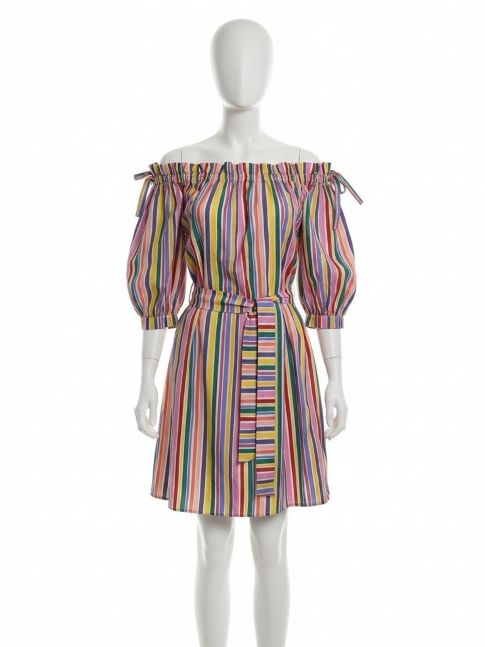 Eloquii Striped Off-Shoulder Mini Dress in Pink, Yellow, Blue & Green